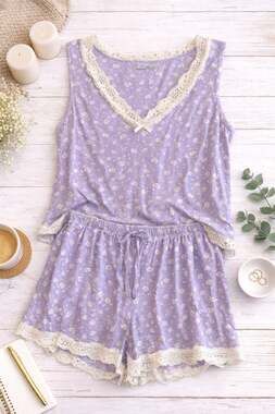 Velvet Kitten Purple Floral Lace Trim Cami and Short Pajama Set
